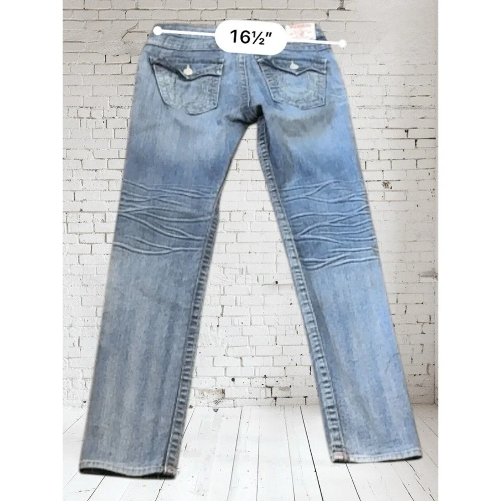 🔥True Religion‎ 🤑Thick Stitch Jean Women Back Flap Pockets Blue Sz 27 Made Usa - Picture 2 of 4